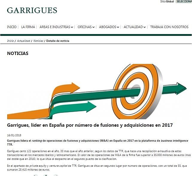 Garrigues, lder en Espaa por nmero de fusiones y adquisiciones en 2017